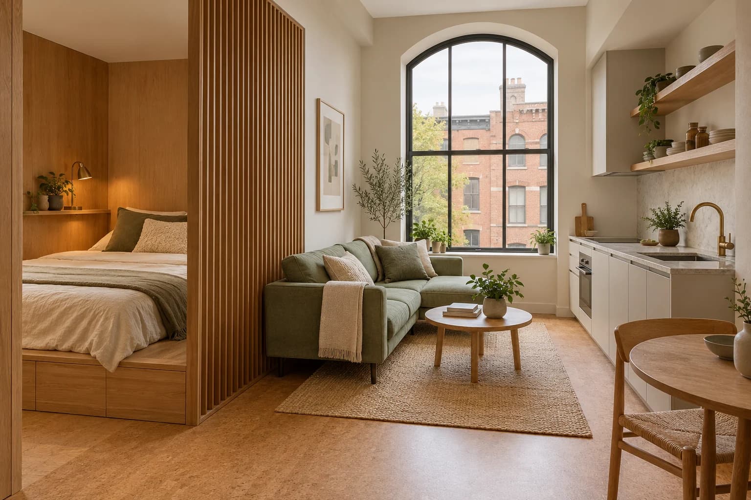 Atelier Studio with an oak sleeping alcove, sage sofa, compact kitchen, and tall arched window