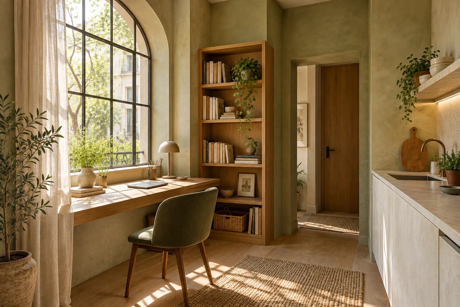 Atelier Studio sunlit oak desk and reading shelves beside the compact kitchenette