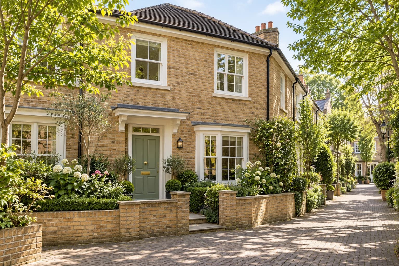 Cedar Mews buff-brick townhouse with sage front door on a leafy pedestrian lane