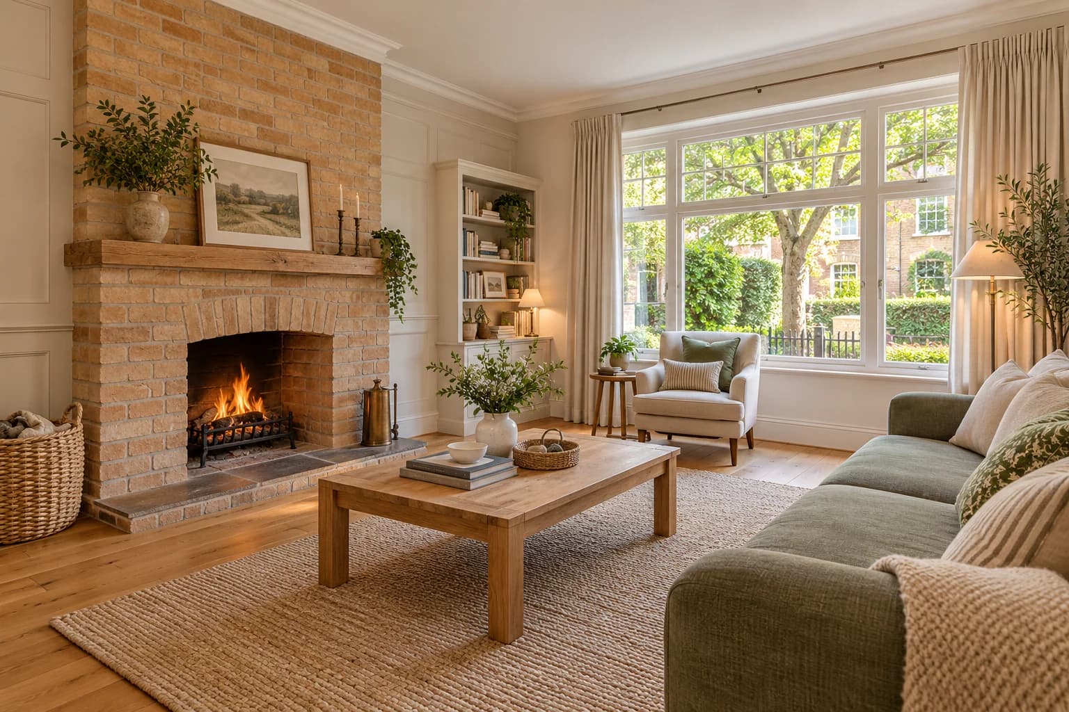 Cedar Mews family sitting room with brick fireplace, sage sofa, and oak furniture