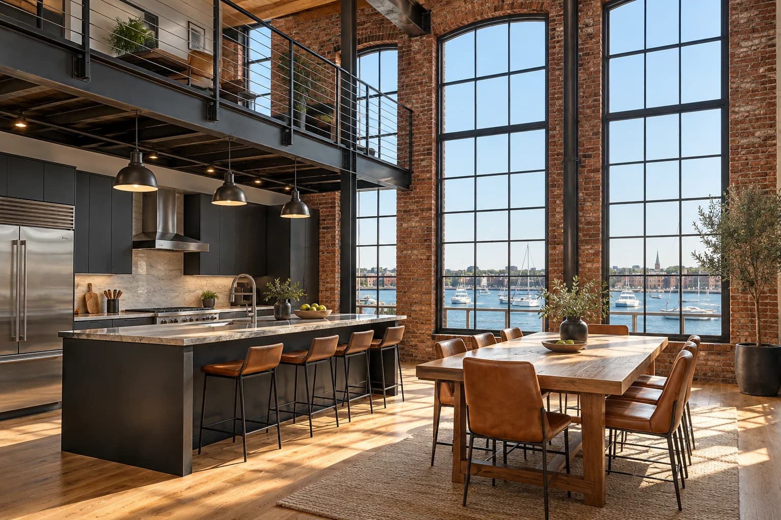 Harbor Loft charcoal kitchen and oak dining table beneath the steel mezzanine
