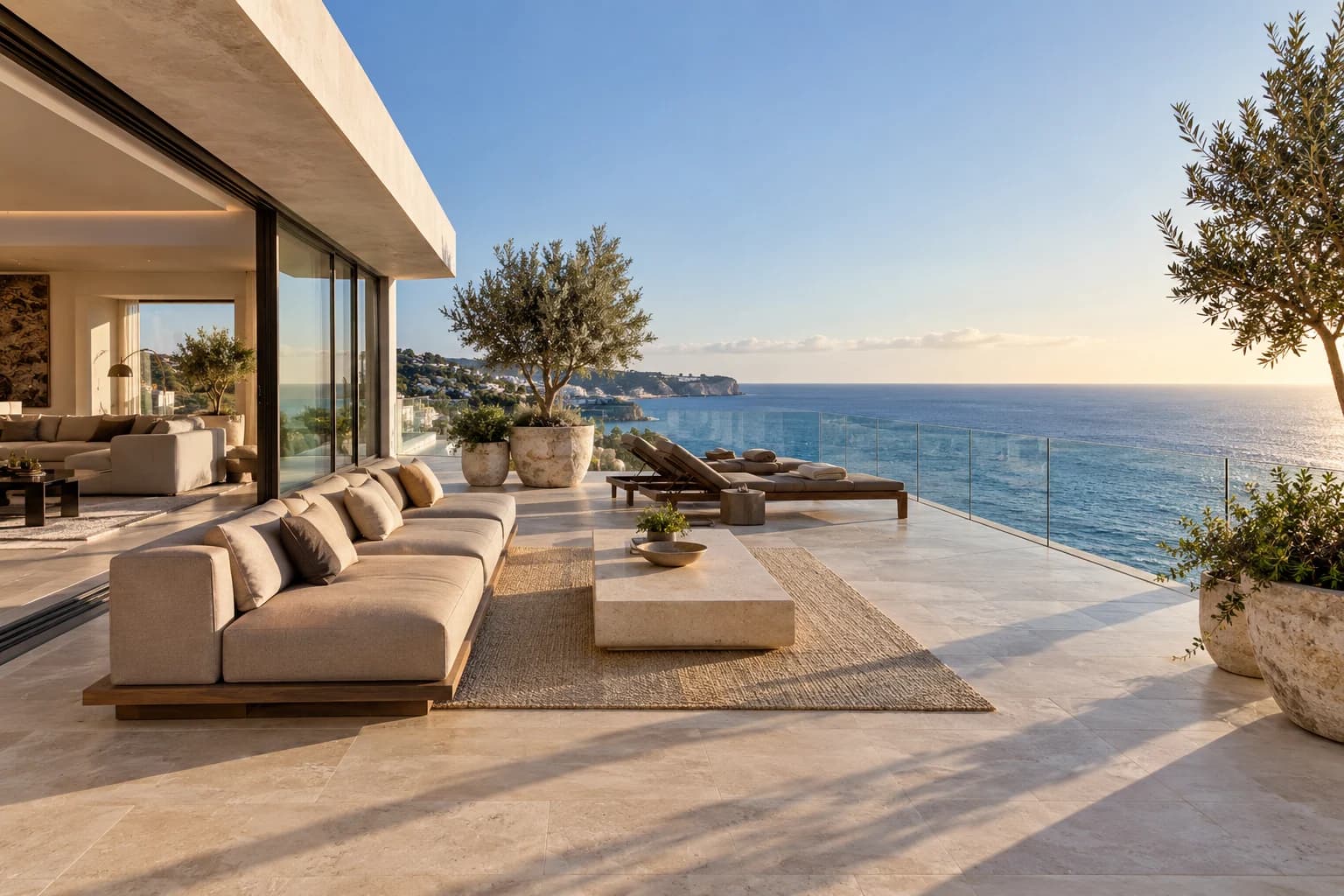 Horizon Penthouse limestone terrace with teak loungers and an uninterrupted blue-water view