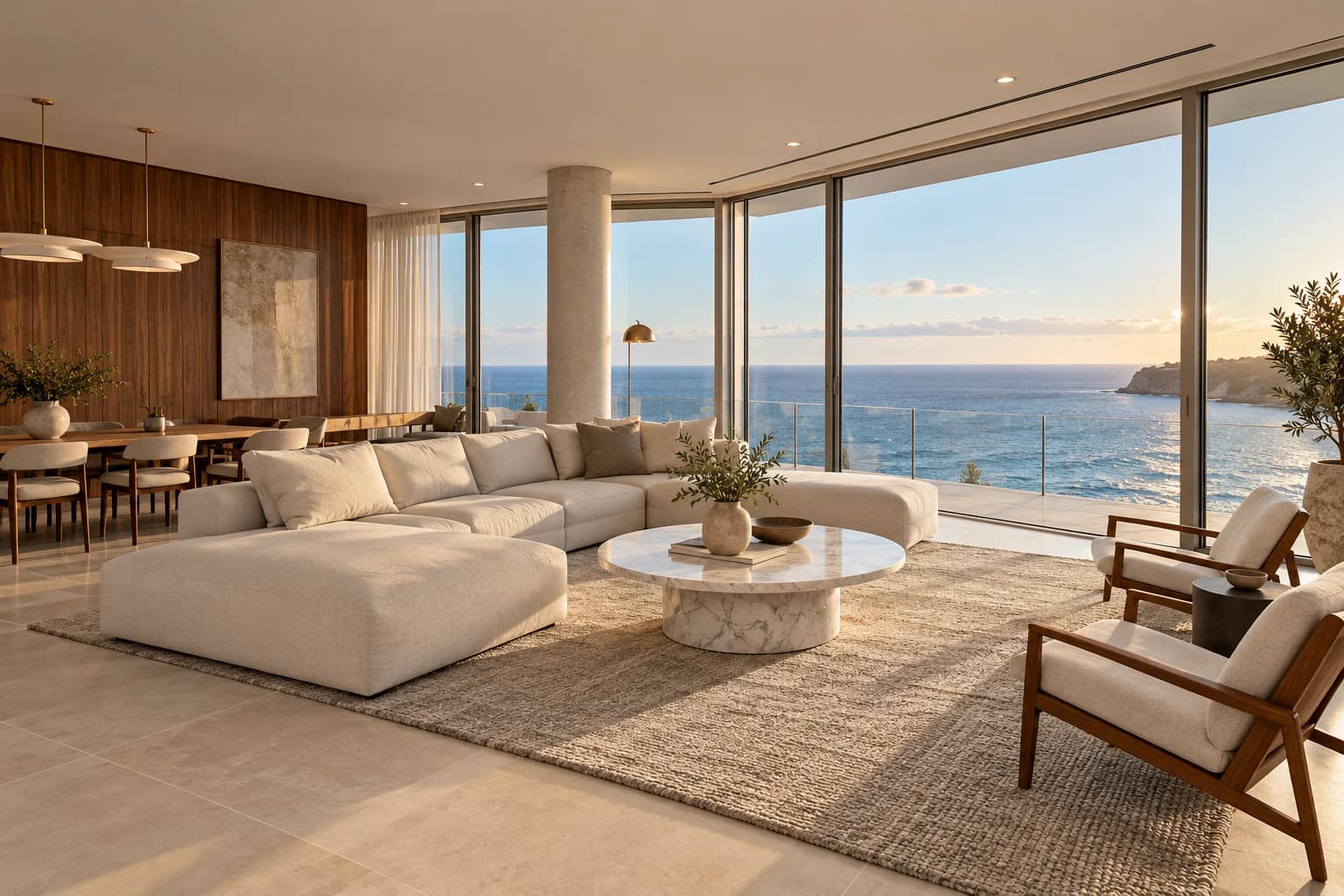 Horizon Penthouse living room with walnut joinery, pearl seating, and panoramic ocean windows