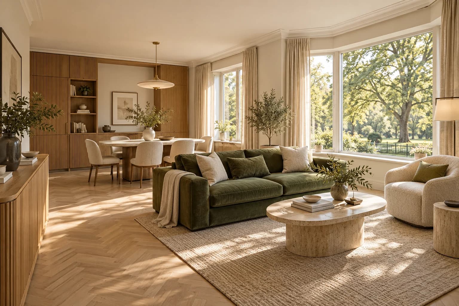 Parkside Apartment sage living room and oak dining area with broad leafy bay windows