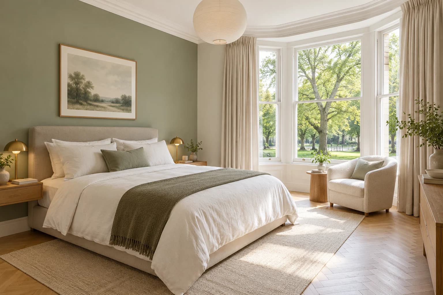 Parkside Apartment bedroom with sage walls, linen bedding, and a green park view
