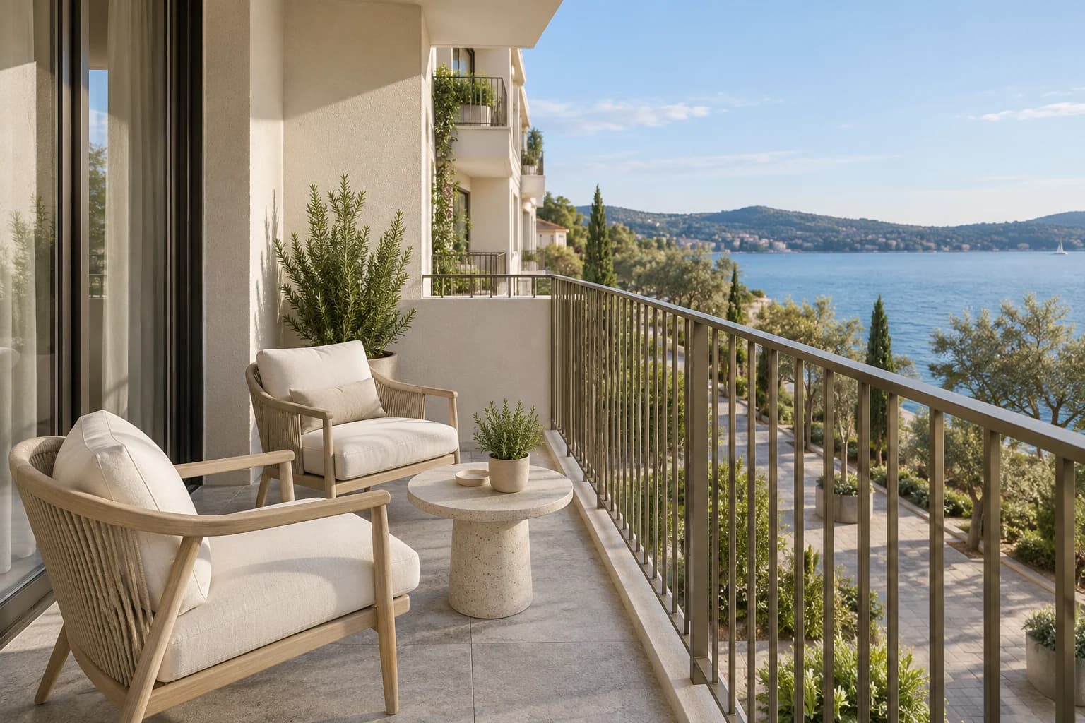Promenade Residence small waterfront balcony with ash chairs and a rosemary planter