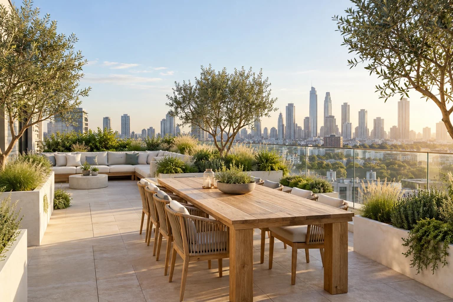 Sky Garden rooftop terrace with raised planters, an oak dining table, and a city skyline
