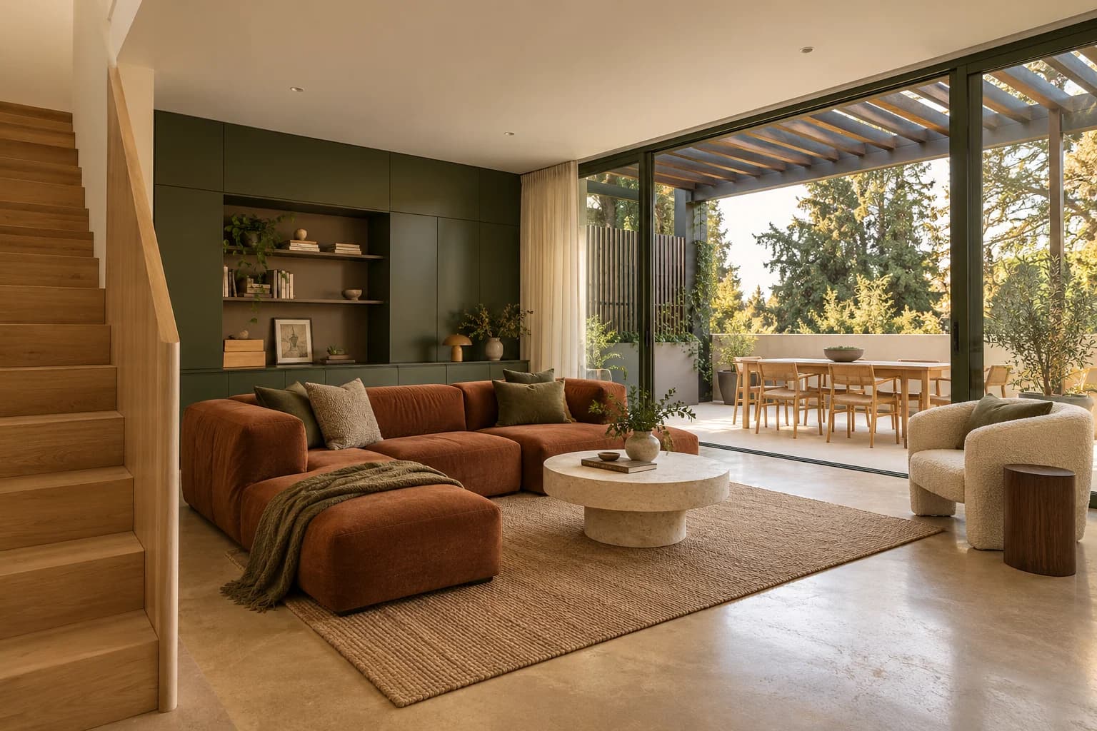 Terrace No. 8 rust-colored living room opening onto the sheltered garden terrace