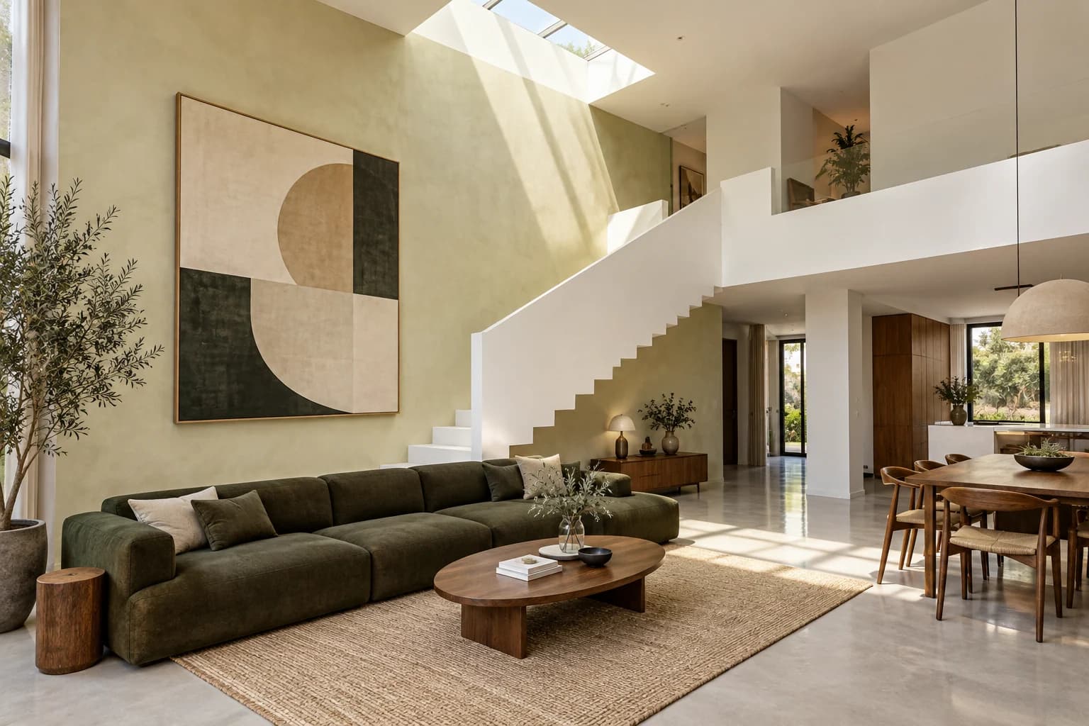 Gallery Duplex concept interior with a white sculptural staircase and olive seating