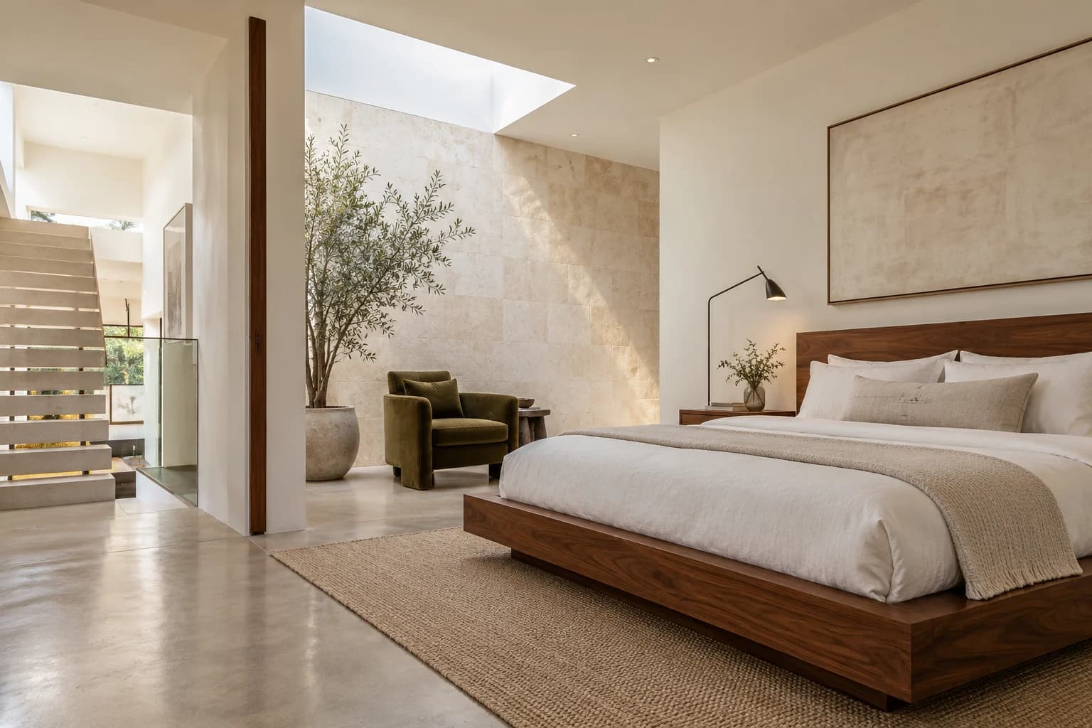 Gallery Duplex bedroom concept with walnut bed, stone wall, and natural skylight