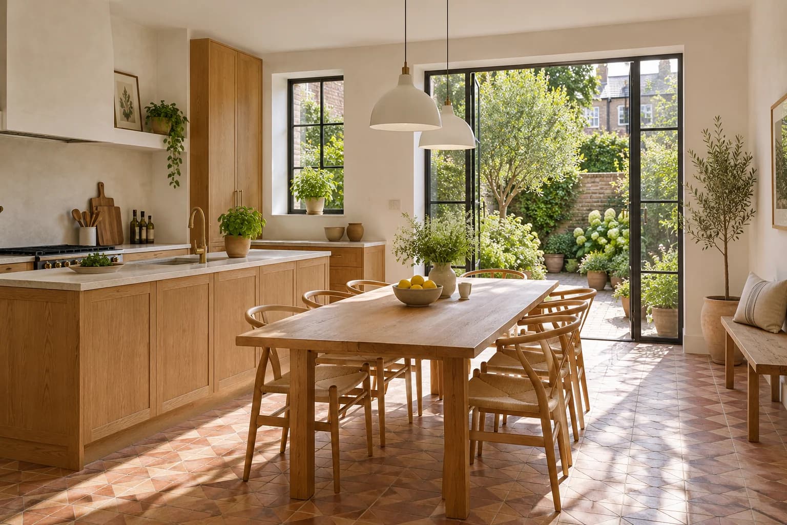 Garden Row oak kitchen and family dining table beside the garden doors