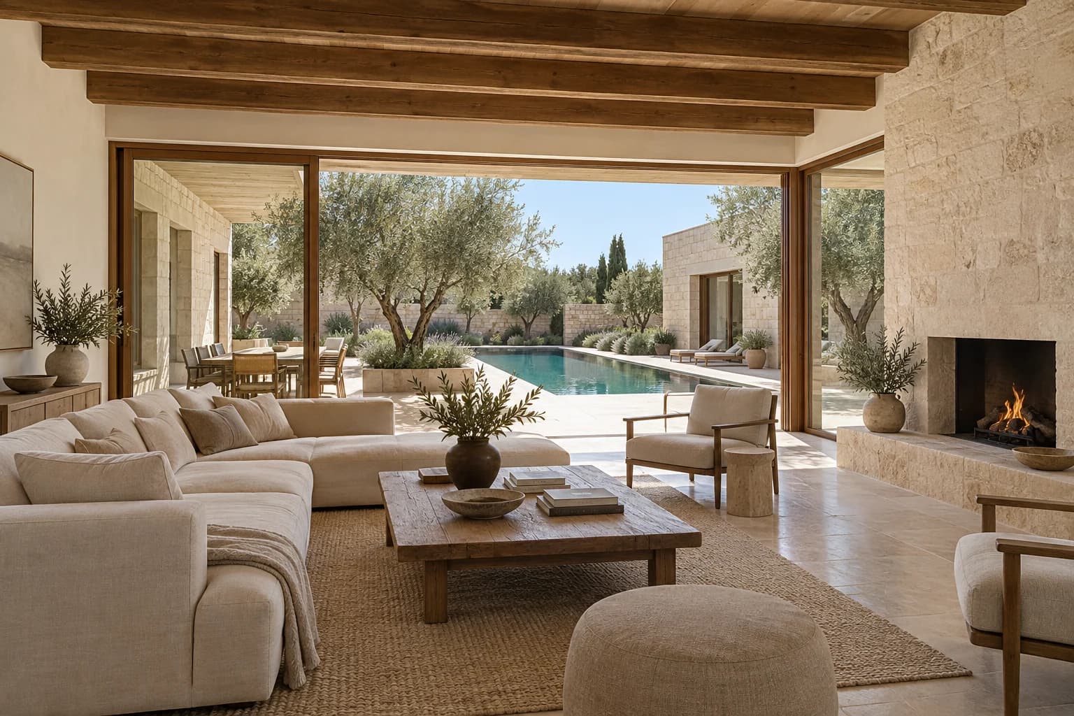 Courtyard House living room with timber ceiling beams and doors opening to the pool garden